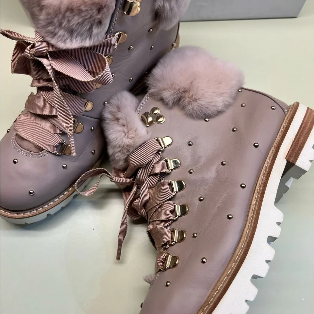 AGL MADE IN ITALY LEATHER Pink Winter Boots with Fur Trim and Ribbon Laces NWT